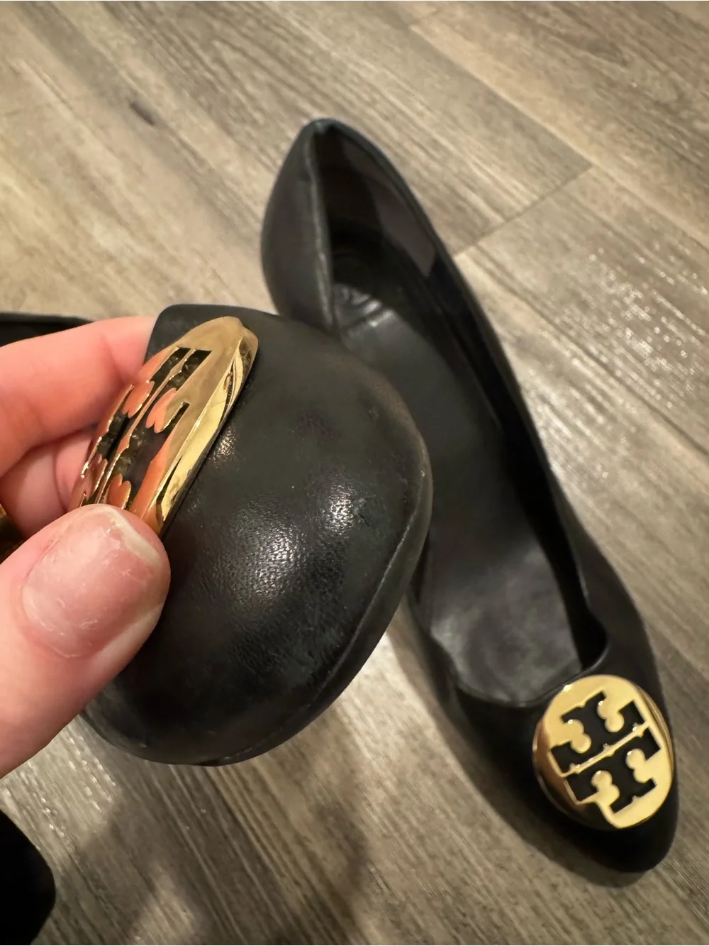 Tory Burch Black Sally Leather Wedge Gold Logo Size 10.5 (10 1/2)